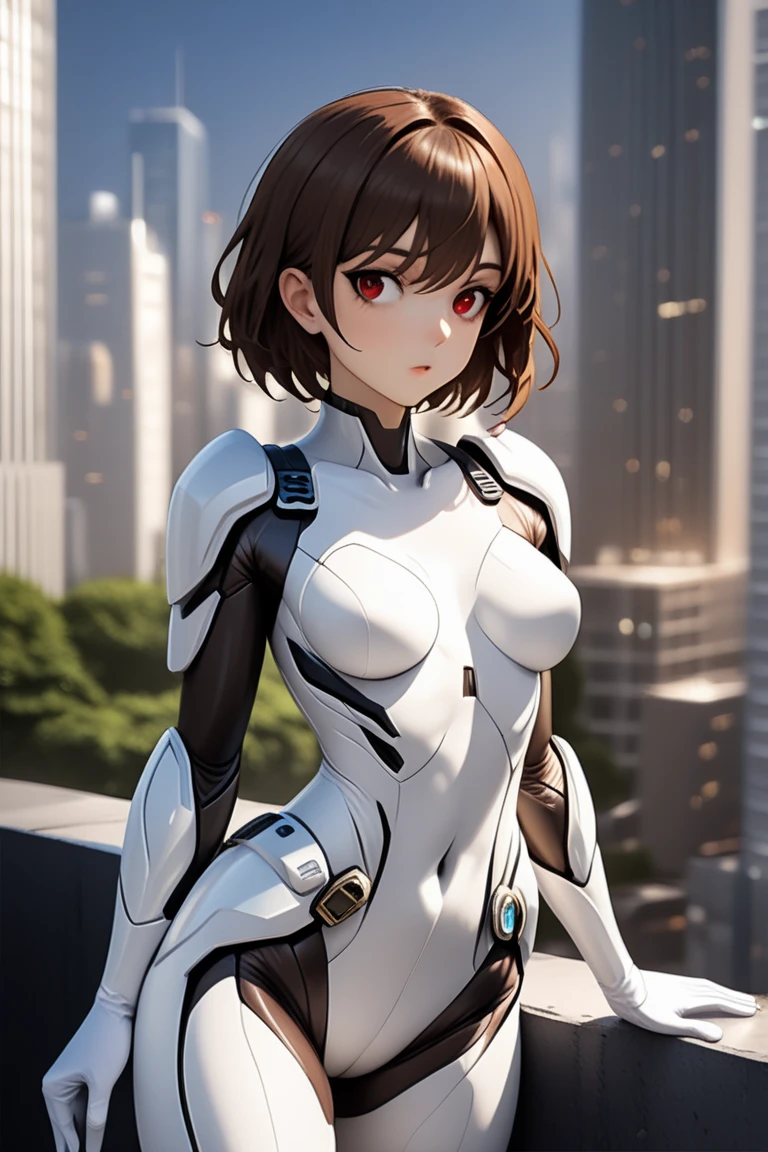 (hmochako:1.2), blush stickers, short hair, big breasts, superhero, (bodysuit: 1.2), smile, cute, (sexy pose: 1.2), looking at viewer, thick thighs, short hair, sitting, (breast focus:1.2), from above, (realistic:1.2), (realism), (masterpiece:1.2), (best quality), (ultra detailed), (8k, 4k, intricate),(full-body-shot:1), (85mm),light particles, lighting, (highly detailed:1.2),(detailed face:1.2), (gradients), sfw, colorful,(detailed eyes:1.2), (detailed skyline: 1.2),(detailed background), detailed landscape, (dynamic angle:1.2), (dynamic pose:1.2), (rule of third_composition:1.3), (Line of action:1.2), wide shot, daylight, solo.