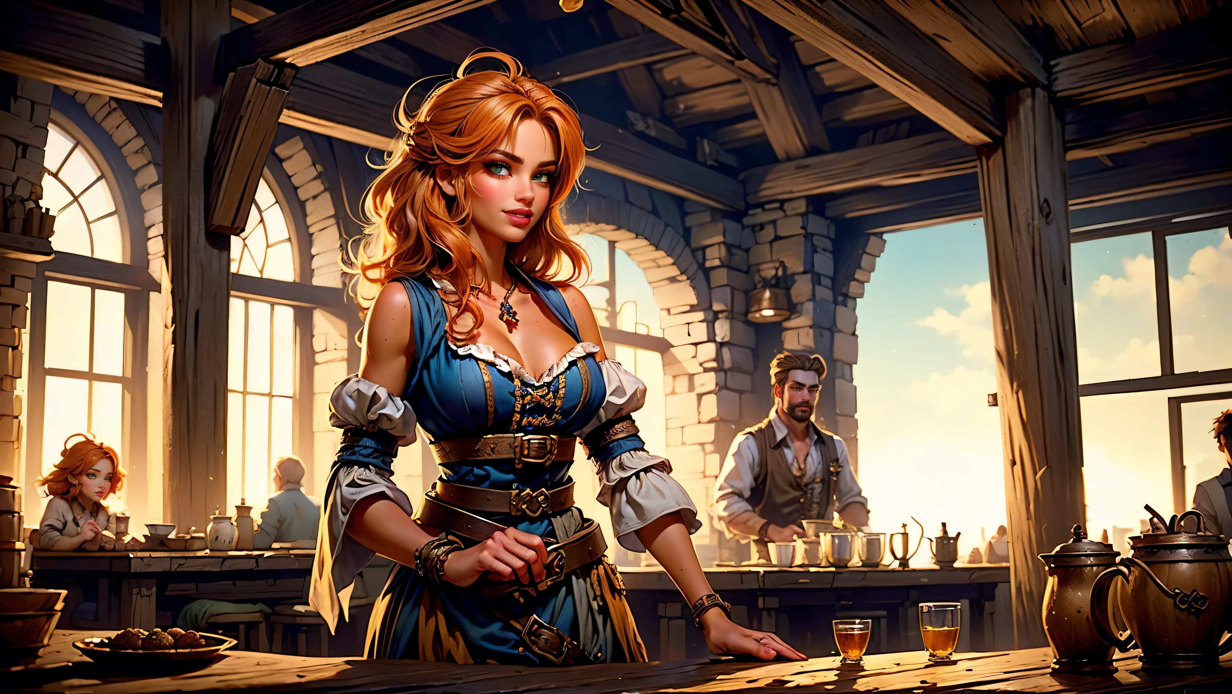  ((tavern and brothel filled with men)), ((1 redheaded tavern wench serving drinks to old pirates)), ((messy hair, orange hair)), ((1 serving girl)), ((solo girl)), ((ager)), ((loli)), ((littlegirl)), ((Smiling)), ((little)), ((dark tan skin)), ((cute girl)), ((she is serving the pirates)), ((pirates are lusting after the girl)), ((pirates are large burly men)), ((pirates have dark hair)), ((men have blonde hair)), ((men wearing pirate cloths)), ((unshaven pirates)), ((she walks to the tables carrying tankards)), ((the men can't help but stare at her beauty as she walks by)), old tavern, pirate tavern, pirates holding and drinking tankards of ale,