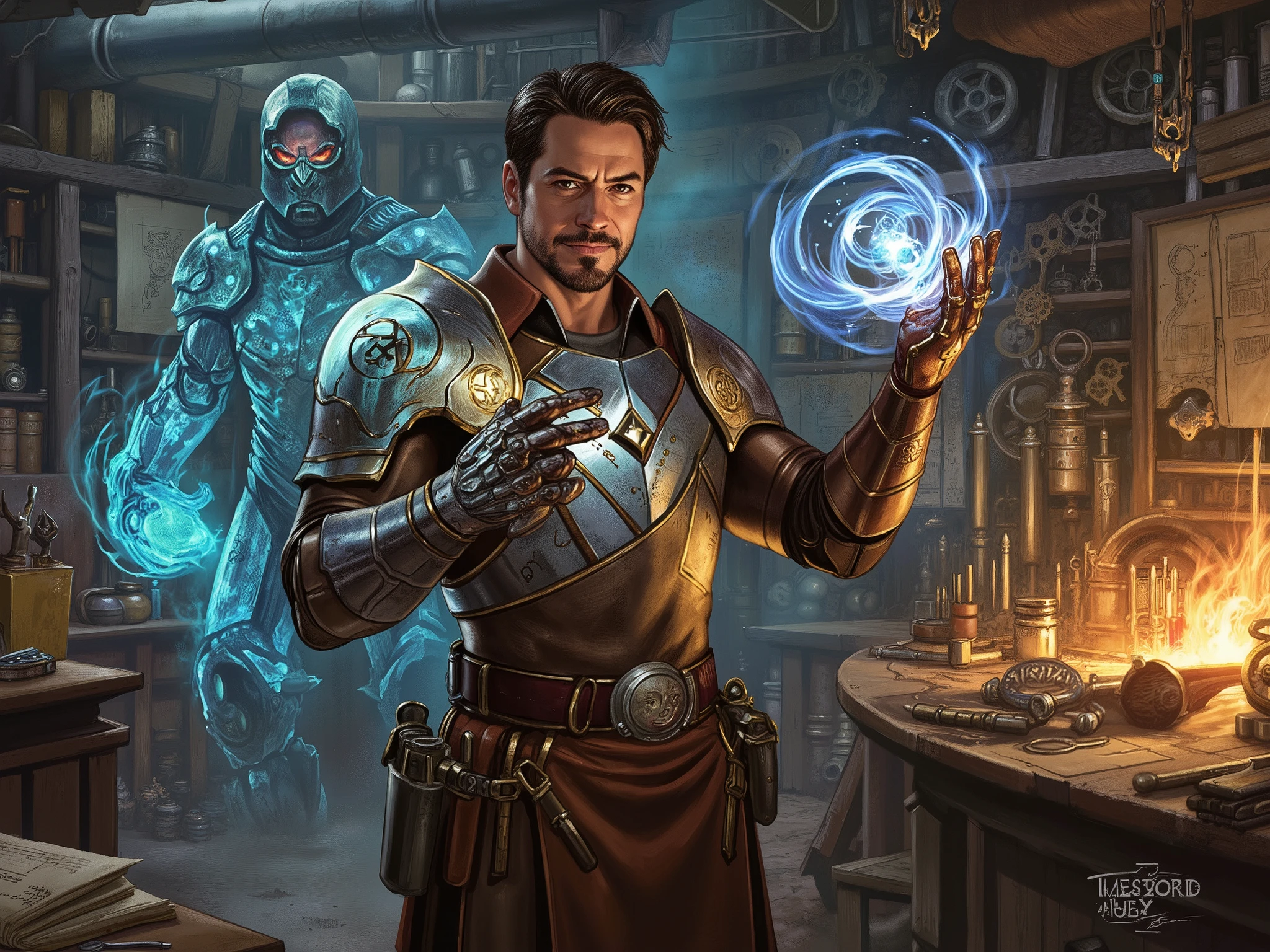 Robert Downey Jr. as a brilliant and charismatic artificer, standing in a bustling workshop filled with gears, tools, and magical contraptions. He is in the process of creating a magnificent suit of magical armor, exuding an aura of creativity, ingenuity, and playful confidence. His face is sharp and expressive, with a well-groomed goatee, piercing brown eyes, and a mischievous smirk that hints at his quick wit. His dark hair is slightly tousled, with a few streaks of gray adding to his distinguished look. He wears a stylish yet practical outfit, combining leather aprons, tool belts, and enchanted goggles perched on his forehead. His hands are stained with oil and soot, evidence of his tireless work.
In one hand, he holds a glowing, mechanical gauntlet, its surface covered in intricate runes and gears. In the other hand, he channels a swirling vortex of magical energy, shaping the final pieces of the armor. The armor itself is a masterpiece of engineering and magic, with glowing blue runes etched into its surface, gears that move on their own, and a faint hum of energy emanating from it. The air around him is filled with the hum of machinery, the scent of oil and metal, and the crackle of magical energy. The background features workbenches cluttered with blueprints, half-finished inventions, and magical artifacts, creating an atmosphere of creativity and innovation.
(fantasy style, highly detailed, vibrant colors, dynamic posing, intricate clothing designs, dramatic lighting, bustling atmosphere, digital painting, masterpiece, best quality, inspired by Dungeons & Dragons and Robert Downey Jr.)