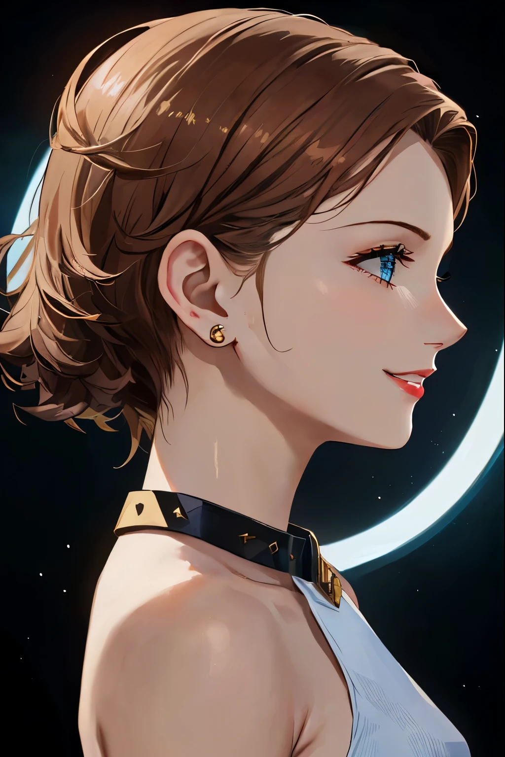 beautiful girl, ( bald ), (no hair), perfect face, innocent smile, stem,(cerulean eyes), (that), (small), (thin), ((peito achatado)), ((21 years old)), dentadura da pele, Extreme Detail, charming oval face, Red lips, rosa, shiny skin, detailed hair , facial focus, Chest close up, decorative gold collar, gold earrings, ((1 girl)), Embarrassed expression,