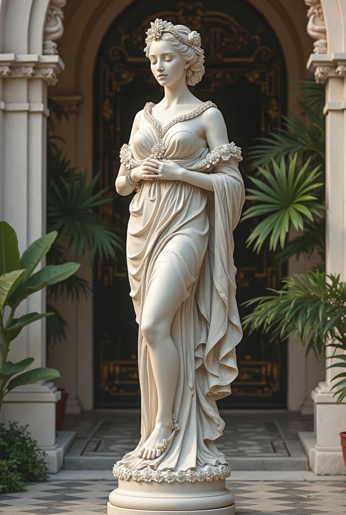 Depicts Weenas, the Roman goddess of love and beauty. She stands in an ancient Roman garden, wearing a beautiful white dress. Her golden hair flutters in the wind and she holds a red rose in her hand. In the background, a gorgeous fountain lined with sculptures and lush greenery enhances the beauty and elegance of Venus.