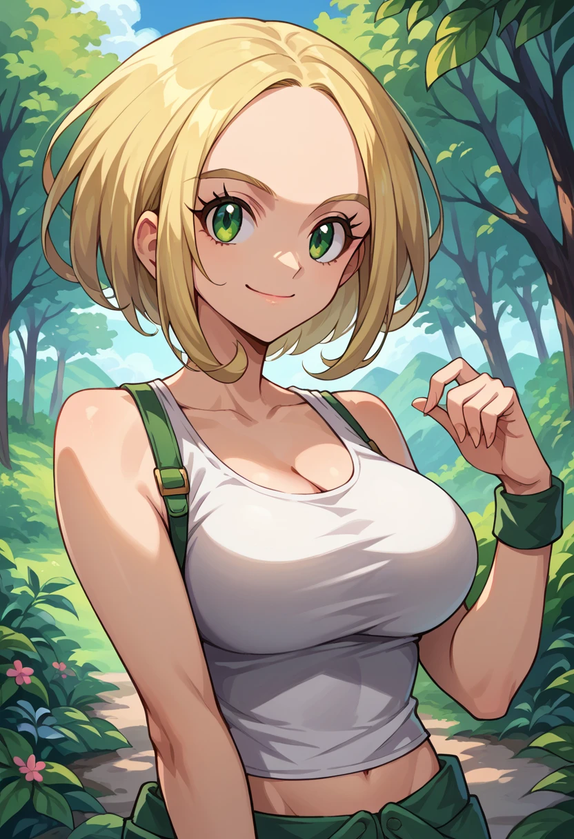 Solo, 1 girl, beautiful Erasa down strapless green shirt to show massive to the viewer, walking in the park at afternoon, orange sun, blonde short hair, deep blue eyes, arms up, massive breast