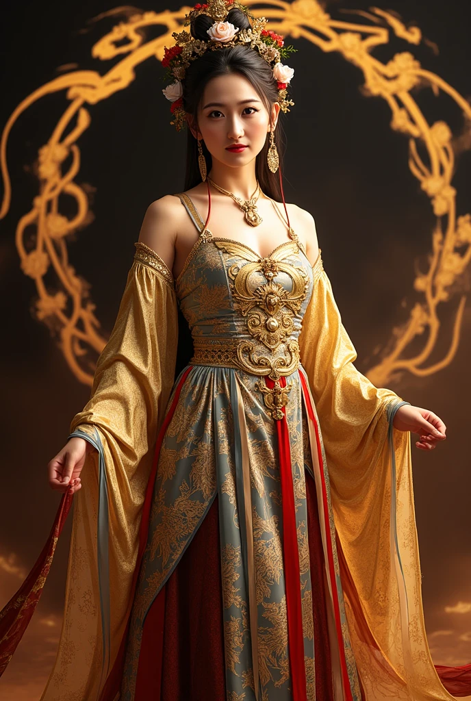 female emperor,Domineering,Wearing exquisite imperial robes from ancient China, Majestic and domineering,Sharp eyes,,There is a dragon on the left-hand side,There is a phoenix on the right-hand side,Dragon Flying Phoenix Dance,Perfect light, Clear face, perfect detail, perfect compositions, Detailed details, 8K,the complex background, perfect detail, 16k,detailed meticulous,delicated,Wu Zetian type,