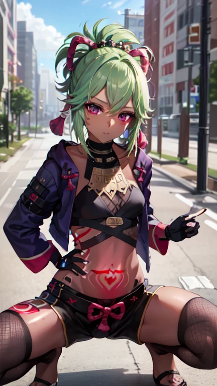 (masterpiece), Top quality from above, Expressive eyes, Perfect Face, Bulky, From below, Black and green hair, ponytail, Red eyes, Play sports often, Moderate breasts, Red cheeks, stomach, belly button, nature, lake, Overgrown, rich vegetation, Grapevine, Perfect Anatomy, Perfect Fingers, 65 years old, Moderate, Black bomber jacket, :is, trainer, leggings, ( Perfect body, Perfect Fingers, Perfect hands ),Cum on crotch、Cum inside me