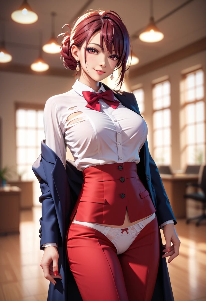 An anime girl with red hair and blue eyes wearing a skirt and an open shirt revealing a black and red bra