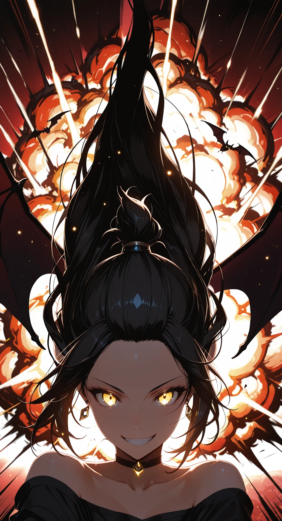 (masterpiece:1.4), (anime-style action:1.3), (energy aura:1.5), (glowing particles:1.4), (motion blur:1.3), (dynamic pose:1.3), (speed lines:1.2), (high contrast:1.3), (cinematic action lighting:1.4), (epic explosion:1.5), (lens flare:1.2), (sharp details:1.3), upside-down, black choker, shirt, off-shoulder shirt, solo, forehead, grin, 1girl, earrings, red background, choker, collarbone, looking at viewer, off shoulder, long hair, black shirt, smile, bat \(animal\), yellow eyes, bare shoulders, black hair, jewelry, jacket, upper body, bangs pinned back
