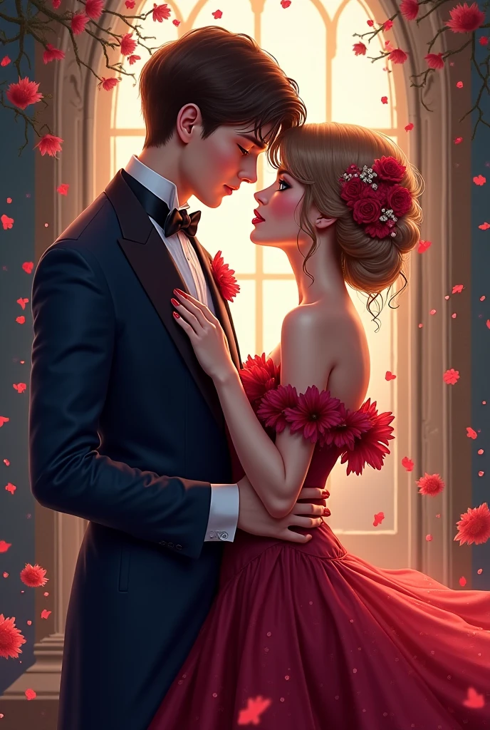 **Color palette**: เลือกColor paletteที่แสดงออกถึงความหลงใหลและความลึกลับ. dark red, black people, and gray can symbolize both romance and the dangerous world of the mafia. adding gold or silver can convey luxury and wealth.blue eyes.
**picture or illustration**:
   - **pair**: มีรูปpairอยู่บนปก, with the female character (Emma) and the male character (Lucas) in an embrace, or a captivating pose. make sure their chemistry is visible, but maintain the deliciousness.
   - **Mafia elements**: include images related to the mafia in detail, such as the silhouette of a man wearing a straw hat, or a gun and a rose, to hint at the danger in the story.
