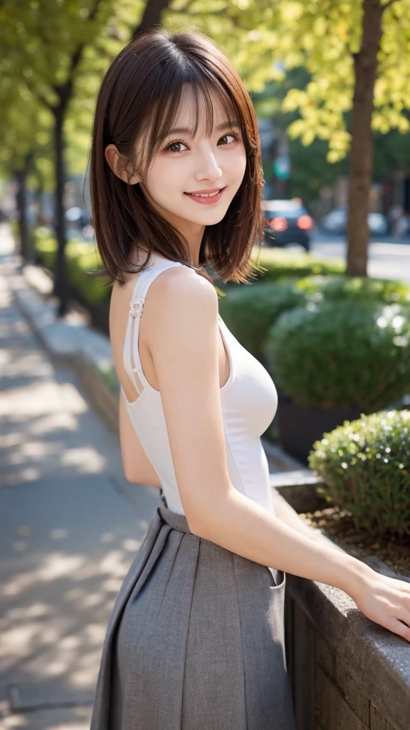 Ultra-high resolution, Superior Quality, Highest quality, Very detailed, Realistic, 8k, RAW Photos, Highest quality, masterpiece, Attractive girl, Awesome girl, Brown Hair, Shoulder-length layers, 非対称のbangs, K-POPアイドル, Sophisticated, stylish, Shibuya Ward, ((masterpiece)),(((Highest quality))),Thin thighs,Long legs,Park Background,Tank top、White Skirt、18-year-old,bangs,A small smile,Random Pause,pretty girl,Slender girl,The best smile
