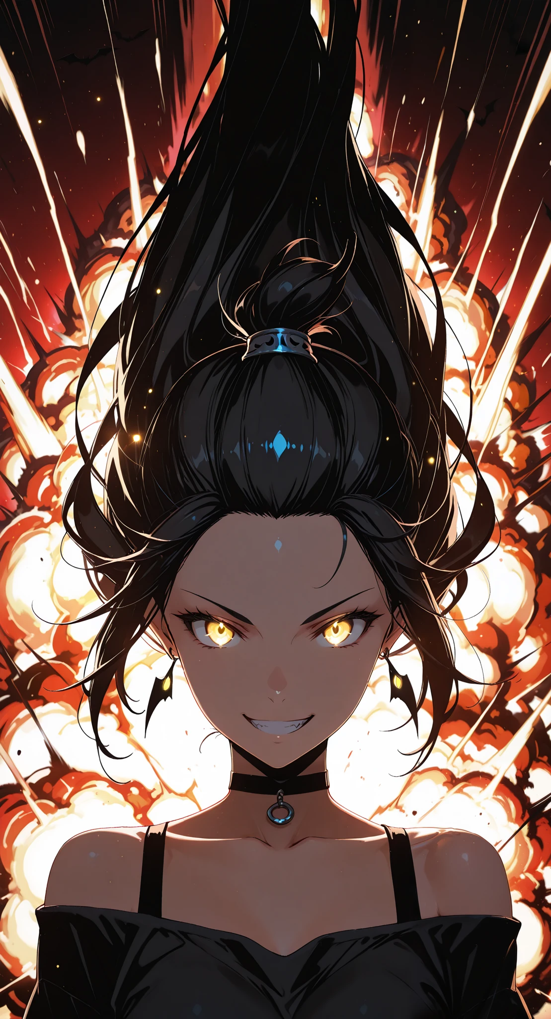 (masterpiece:1.4), (anime-style action:1.3), (energy aura:1.5), (glowing particles:1.4), (motion blur:1.3), (dynamic pose:1.3), (speed lines:1.2), (high contrast:1.3), (cinematic action lighting:1.4), (epic explosion:1.5), (lens flare:1.2), (sharp details:1.3), upside-down, black choker, shirt, off-shoulder shirt, solo, forehead, grin, 1girl, earrings, red background, choker, collarbone, looking at viewer, off shoulder, long hair, black shirt, smile, bat \(animal\), yellow eyes, bare shoulders, black hair, jewelry, jacket, upper body, bangs pinned back