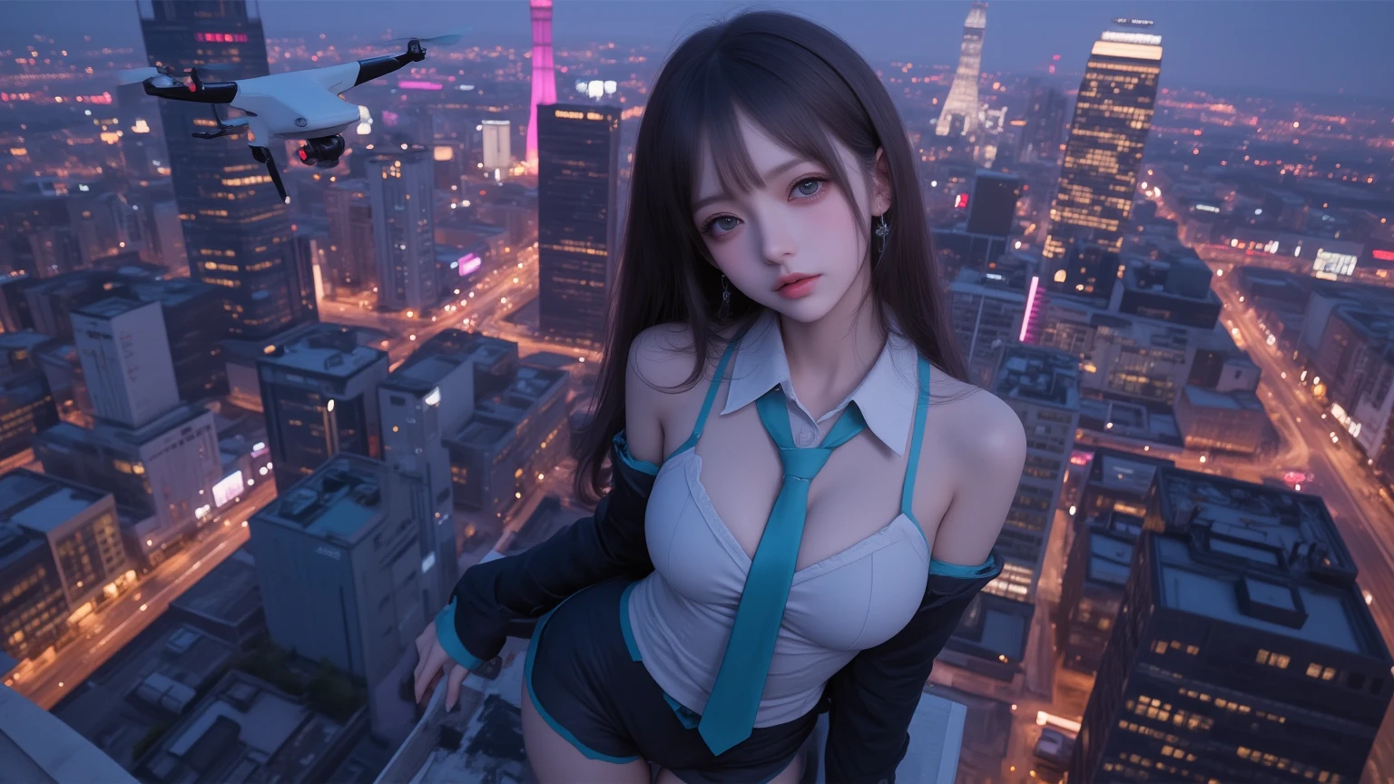 The Art of Digital Cyberpunk, Girl in Mecha Cyber Armor, cyberpunk beautiful girl,((Lots of accessories))、The wind is blowing、Well-formed face、Girl Naked、barechested、((Nothing is worn))、fullnude、Naked 14 years old、fullnude、8Head and body、a small face、A slender、Very skinny、skinny、tiny chest,Ribs、discreet breasts、Smaller chest、small tits、beauty legs、Constricted waist、dented belly、Model body type、Beautiful hair、Backgrounds that look like real photos、(((NSFW)))、outside of house、(Thigh strap for only one leg)、Happy face、((The view is amazing.))、Show to a very large audience、A smile、Near Future Cosplay、NSFW、Direct sunlight、Gantz,GANTZ Suit、X-gun、knifes