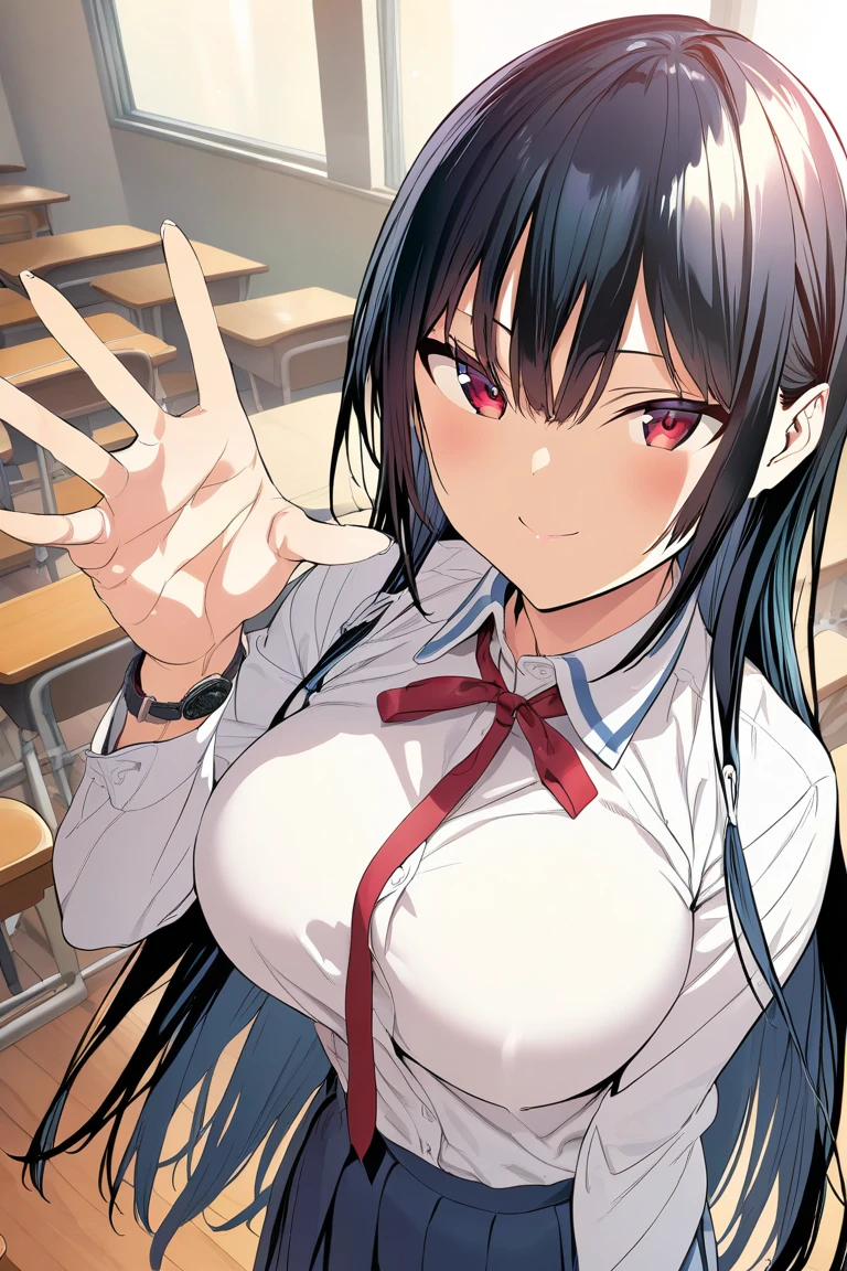 high school girl、Dressed in high 、School classroom、(Big Breasts)、Grinning face、((solo))、smirk