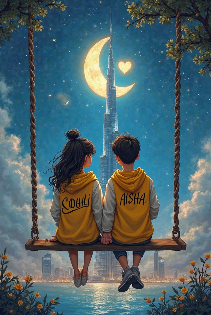 there are a couple both are 2, sitting in front on a swing in the beautiful garden view, they are wearing a navy blue and pink hoodie,boy with name Abhishek, write on it,girl with name prayanshi write on it ,lovely couple, sitting on a moon, heart emoji,holding hands in the moonlight hyper realistic art painting detail image