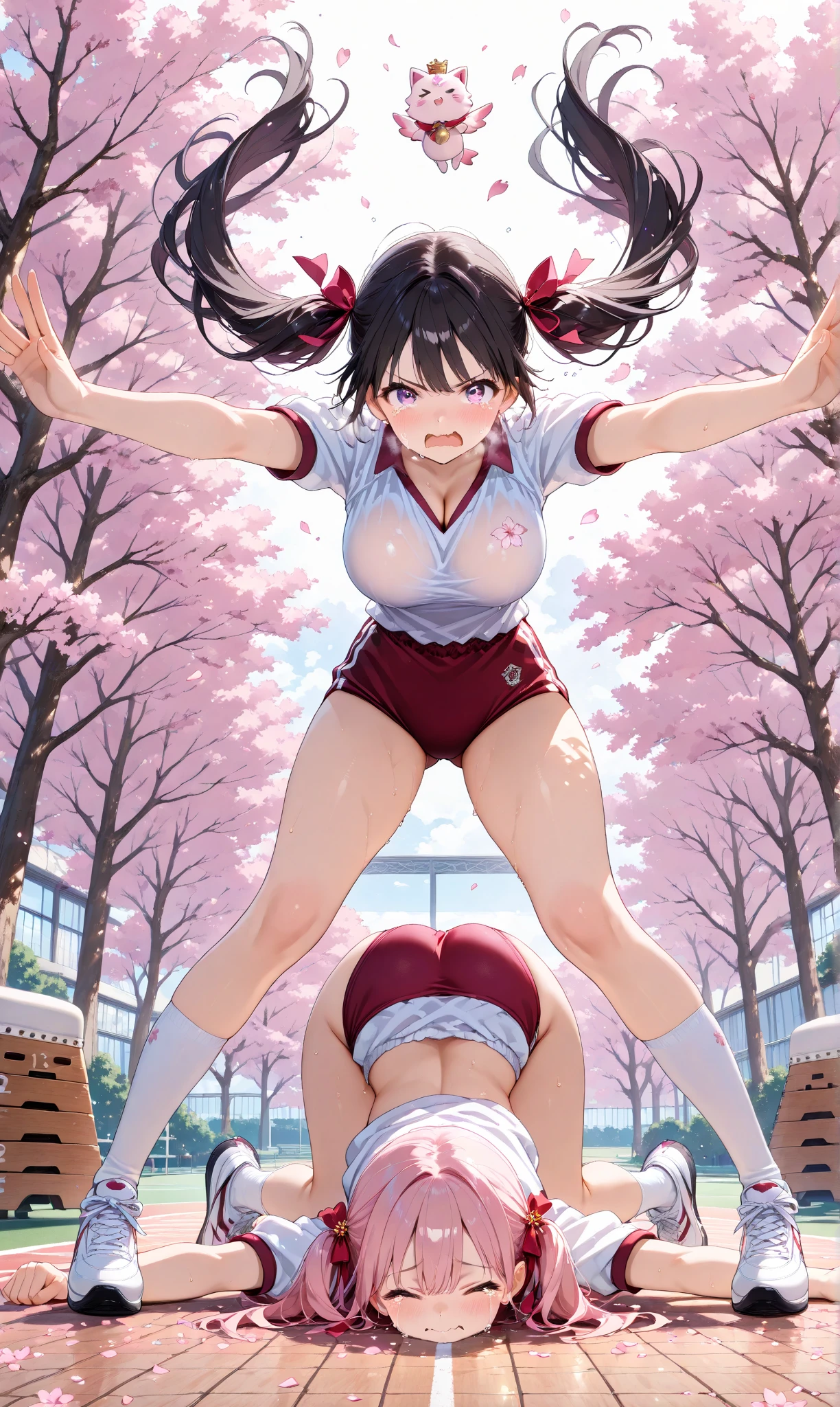 masterpiece, Highest quality, Nico_Yazawa,High resolution, 1 Girl, alone, Brown Hair, short hair, Twin tails、Purple eyes, , , (Cleavage)、(Beautiful thighs), Carrying a red backpack, (randoseru backpack:1.2) Sweaty、Thick thighs、Highest quality、4K、1girl, 8years old, , cute, grin, 、、on the train、、、Thick thighs、Men holding their penises and surrounding girls、Semen from the penis、Bukkake、Bukkake、(Bukkake)projectile cum、Blowjob、Lots of spectators、Ahegao、low length、Gym suit、Bloomers