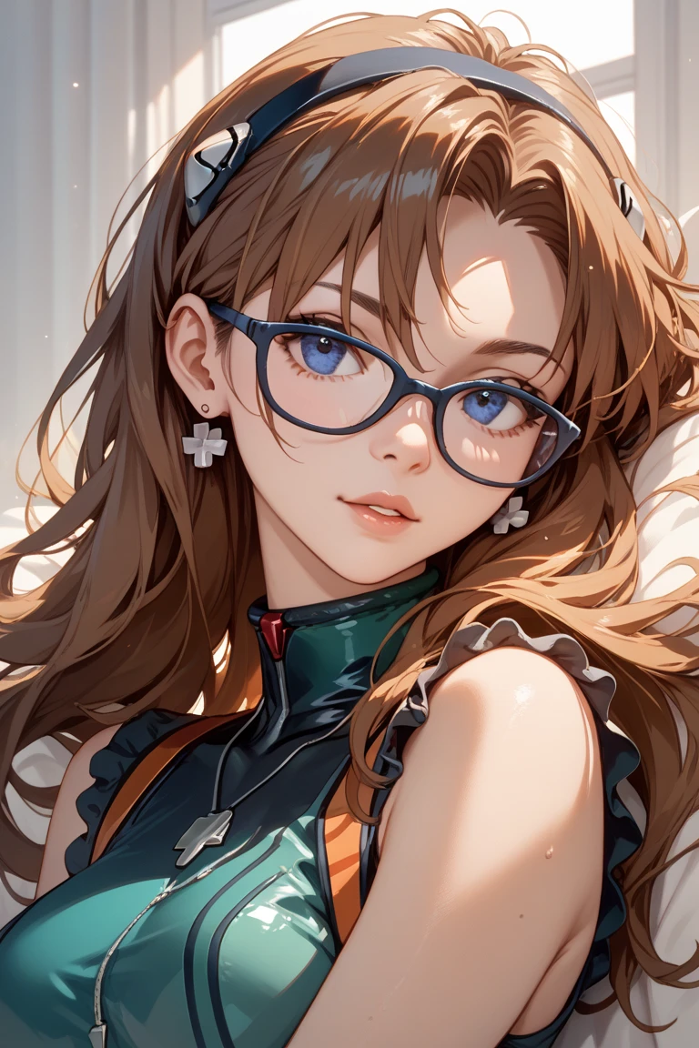 1girl, masterpiece, best quality, ultra detail, short straight black hair, pink lips, blue eyes, smiling, red cheek, looking at viewer, young, necklace, medium breasts, glasses, bare shoulders, midriff, crop top, 5 fingers, sexy legs