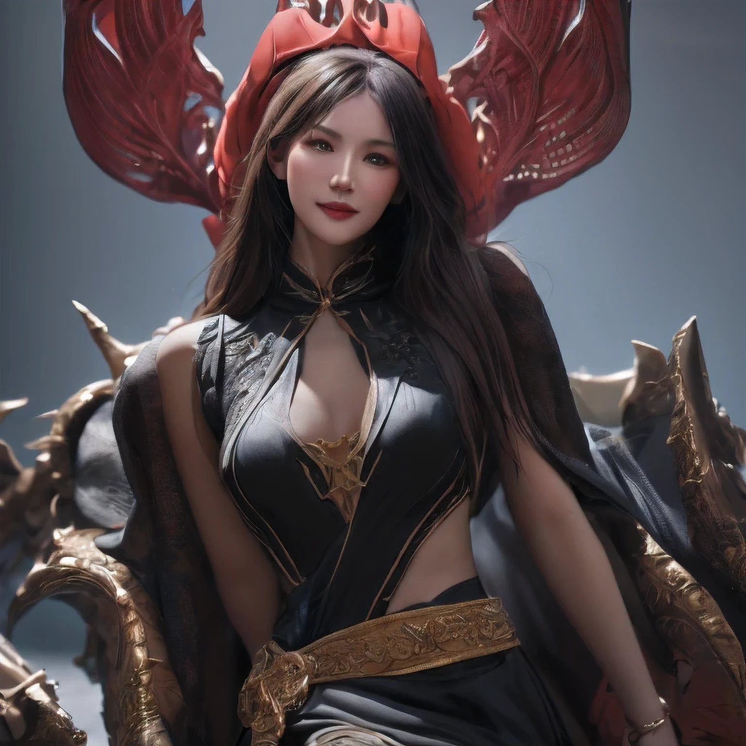 Professional , masterpiece、top-quality、photos realistic , depth of fields (Gemstone Black Metal Body:1.9),(Enamel Black、(cleavage of the breast)、(Chinese Dragon)、Dragon Gold Weapon(Dragon Metal Body:1.4),Gorgeous gold weapons ,(( Dragon's dense and gorgeous sword)) , 、blood splashing、 ,warhammer 40k , adepta sororitas,Detail and gorgeous crown、((Brown hair))、(The dragon)、(Castle background)、The dragon、((Gangle's forest background))、Beautiful Caucasian beauty、(1a person)、dynamic ungle,(((Detailed and ornate Black Devil Crown)))、Smaller head、A smile、Castle background、Thin and beautiful female hands、cleavage of the breast、Mystical expression、Light Effects、Wind-effect、magic circles、With the legendary magic wand、(demonic wings)、Toostock、Look at viewers、
