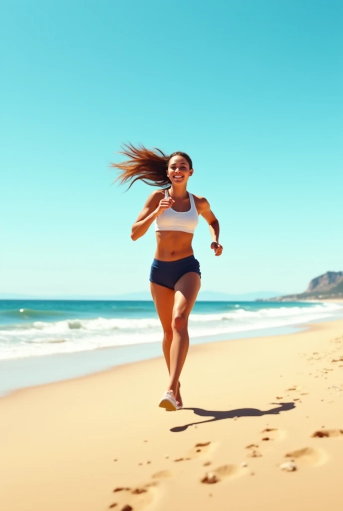Teen girl running on beach, realistic photo, realistic body, real picture, true details, 4k quality, hd photo