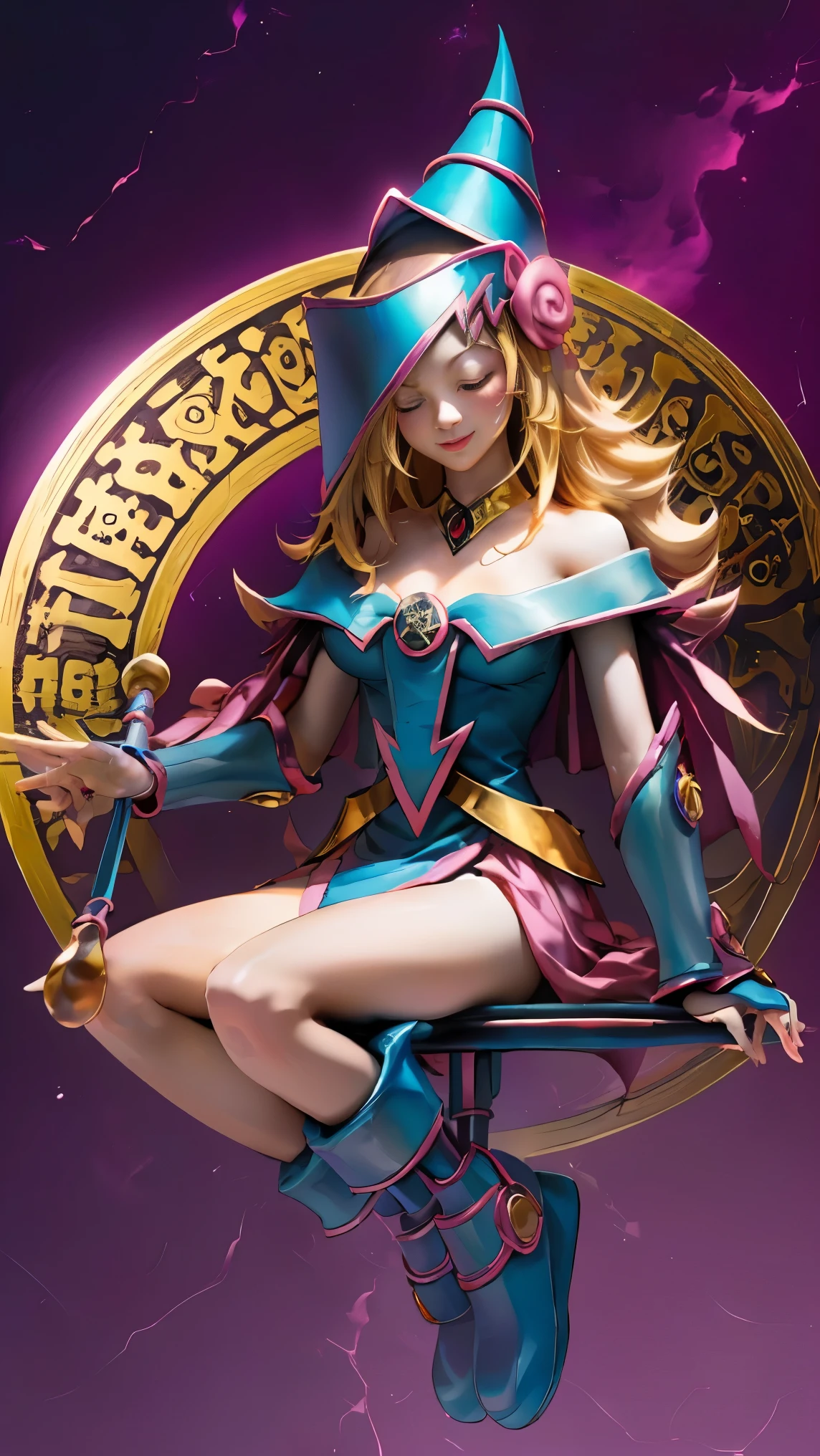 DarkDark Wizard Gils, with high heels. pants, sexy, Subjective and sensual pose.. long blonde hair. Blue eyes. Red lips. Levitating above a circle of magic. .