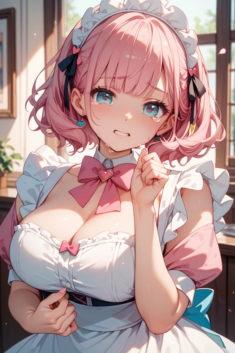 , 1 Girl Solo, Image of Nino Nakano, Pink hair glitter, Butterfly Hair Accessories,Create a refined fit,And elegant 1.3. Disclosure, White apron, Show off your charming cleavage, thigh, Coffee shop background,A blush accentuated her cheeks 1.3,