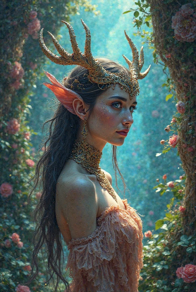 Super Close Up shot, The most beautiful fantastic creature of the world, female, deer antlers, mythological, she wears a tribal loincloth, at the forest, top light, at day, forest background, ultra detailed, a hyperrealistic painting by Aleksy Briclot, Jeff Simpson, Rembrandt, Paul Reid, Roberto Ferri