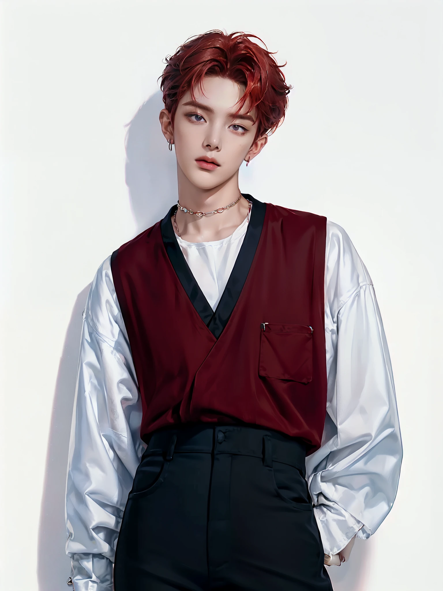 (4K)) (( high quality )) (( white background )) ((, the amber-red hair color )) ((blue trousers)) ((one member of a k-pop group)) ((, the amber-red hair color )) (( Yongjun has a sophisticated and attractive appearance , with soft facial features , with perfect skin and expressive eyes . his nose is long, plump lips. medium length hair , slightly wavy, earrings painted in a warm reddish tint with a slight honey tint . The hair is styled like this , so that the bangs cover your forehead on both sides , frame creating a mysterious and romantic image )) (( dressed in a light white silk t-shirt or top or a black or dark red velvet vest)) ((suspender, carelessly lowered or slightly worn for the speaker )) (( black pants with a shiny effect )) ((Accessories: Metallic choker , speaker thin , clip earring or small ear ring )) (( relaxed pose )) ((full length pose)) (( looks directly at the camera)) ((hand in pocket)) ((full length pose)) (( with no other characters in the )) ((painting in artistic style)) (( white background))