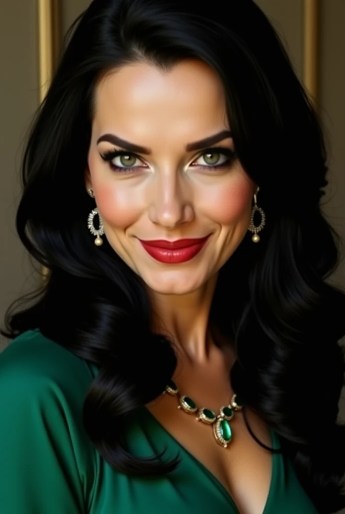 woman, beautiful, 30 years old, perfect face and features, NO WRINKLES, NO MARKS of expressions on her FACE, seductive, very sexy, defined body, green eyes, red lipstick, LONG BLACK HAIR, 4k, realistic, big breasts, casual dress