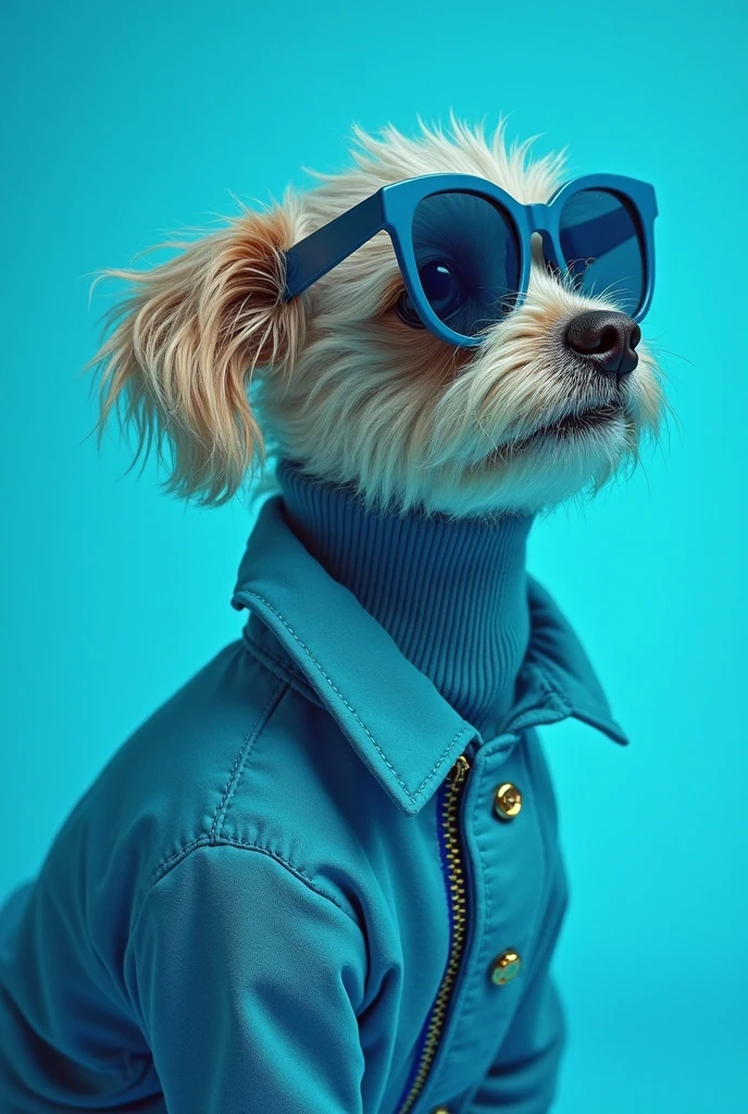 Best Mobile Wallpaper, Award-Winning Wallpaper, Portrait Photography, Front view portrait of a cute brown poodle dog，Wearing mid-1960s Space Age attire, Side view photo, Shot with Canon EOS R5, Set strong contrast to highlight the subject, Neon Blue, Wearing a very modern jacket and sunglasses is a modern 1960s style, Clothes are all one color, Beautiful background