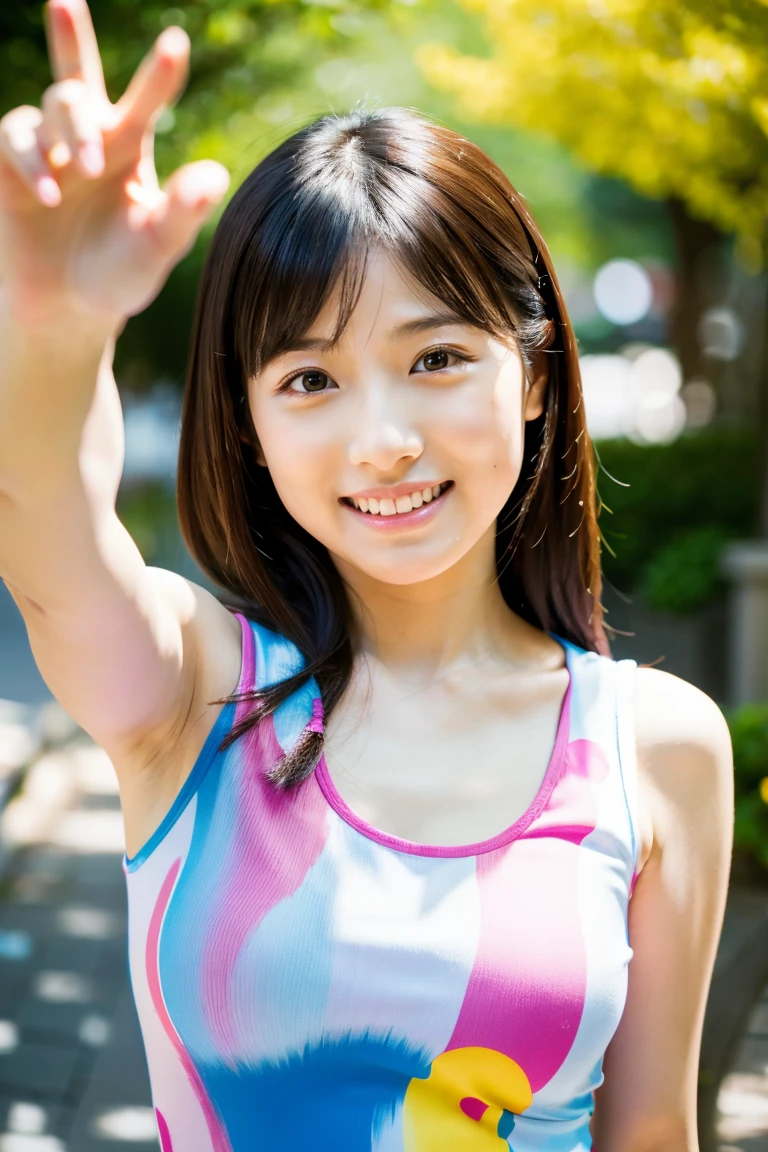 Beautiful woman、17 years old 、The whole body is visible、Sweat、Delicate face、Sportswear、Arena、bangs、Laughter、Shortcuts
