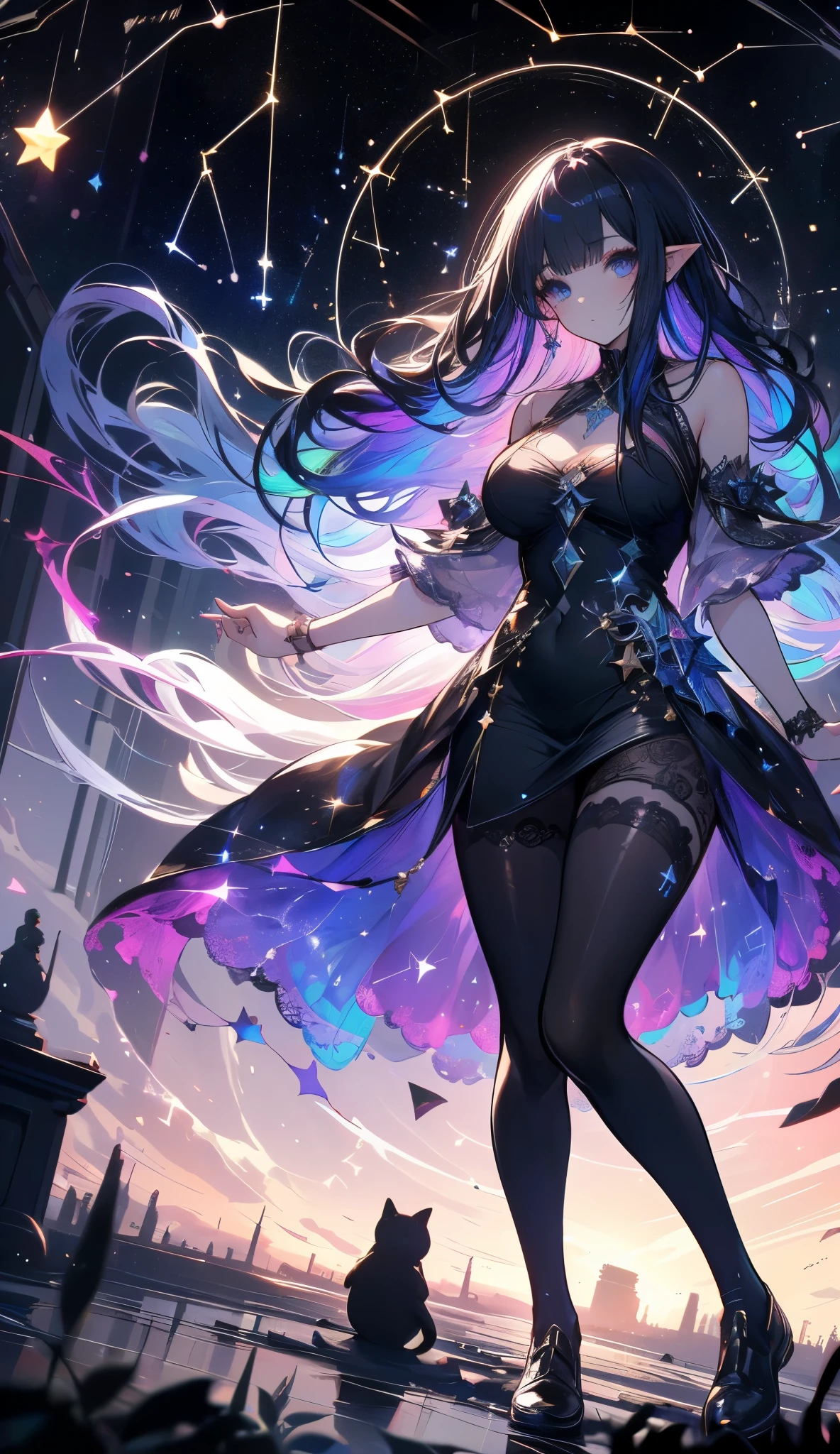 A beautiful woman with long purple hbright air, sexy dress, detailed facial features, high quality, photorealistic, cinematic lighting, dramatic colors, Put on a few pieces of mat.,big breasts,