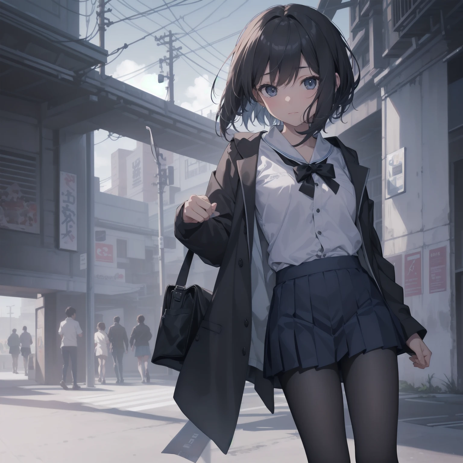 ultra-absurdres-Top quality by artist God, ultra-detailed, high resolution, anime moe artstyle, best anime 8k konachan wallpaper, pixiv contest winner, pool:2810, perfect anatomy,break, 1girl, (Please draw a girl walking sleepily to school alone. )break,(Solo,little female, -yeld:1.Full limbs, complete fingers,a junior hihort hair), short cut, flat chest, , small butt, small black eyes, beautiful detailed eyes, well-proportioned iris and pupils, expressive eyes, highres detailed hair, soft expression, salor school_uniform, sailor collar, serahuku, bow, pleated skirt,(Detailed Lighting), (Detailed background), in the School commute route. break,super detailed skin, Best cinematic lighting powered by famous artist, 8k,beauty illustration,photoshop_(medium),very aesthetic,break,((artist:toosaka_asagi )), artist:clamp ,artist:carnelian ,artist:kantoku ,