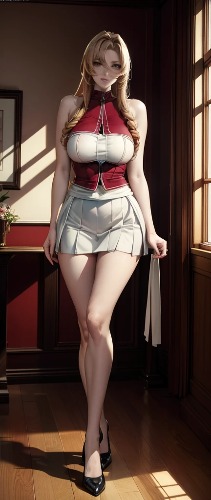 ((Full body photo)), ((realistic photo)), 1 girl, (vest: 1.2), 8k, High resolution, finely detailed skin, lingerie, huge breasts, lenore de castlevania, vampire, Red hair, Skirt, Session, toned legs, heels, Dominant, low angle, upSkirt, athletic, skinny, toned, smaller body, Thin waist, from below, crossed legs, Highly detailed and realistically proportioned legs, toned legs