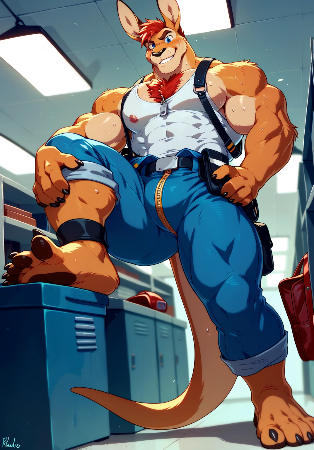 (masterpiece, best quality ), 1man, muscular, short hair, brown eyes, intricate, (locker room) , full body, white baseball uniform, open red jacket, vivid colors,(depth of field:1.2),(abs),blush, looking at viewer, on floor, spread legs,, fills room, extremely muscular, extremely tall