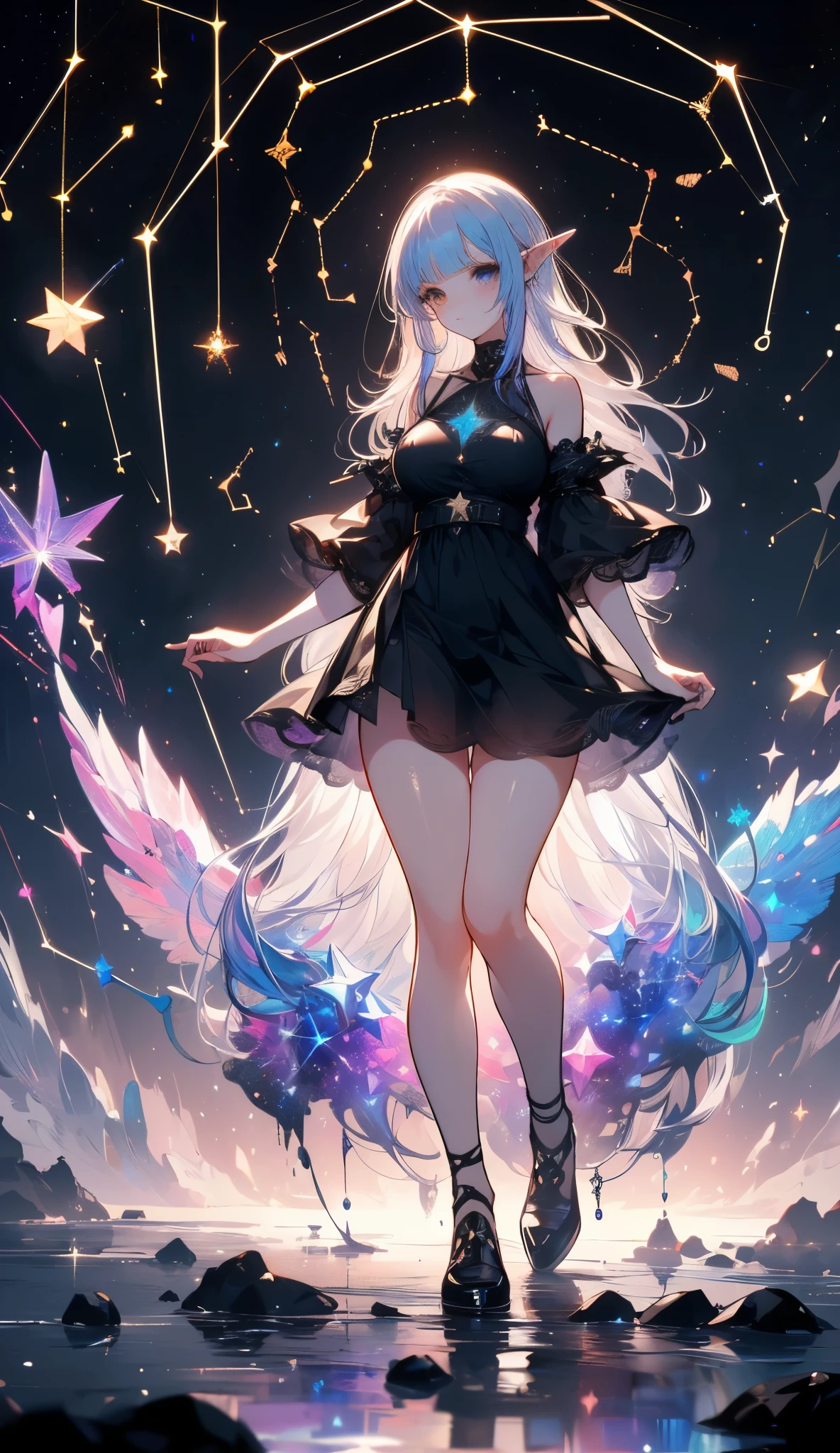 ((masterpiece， best quality))，Idol singer，Shining stage background，sunglasses，Delicate face，Smile，whole body，Perfect body proportions，Sparkling eyes，sexly，Tattoo，Extremely beautiful，transparent，High heel，Fishnet stockings，Starlight decoration