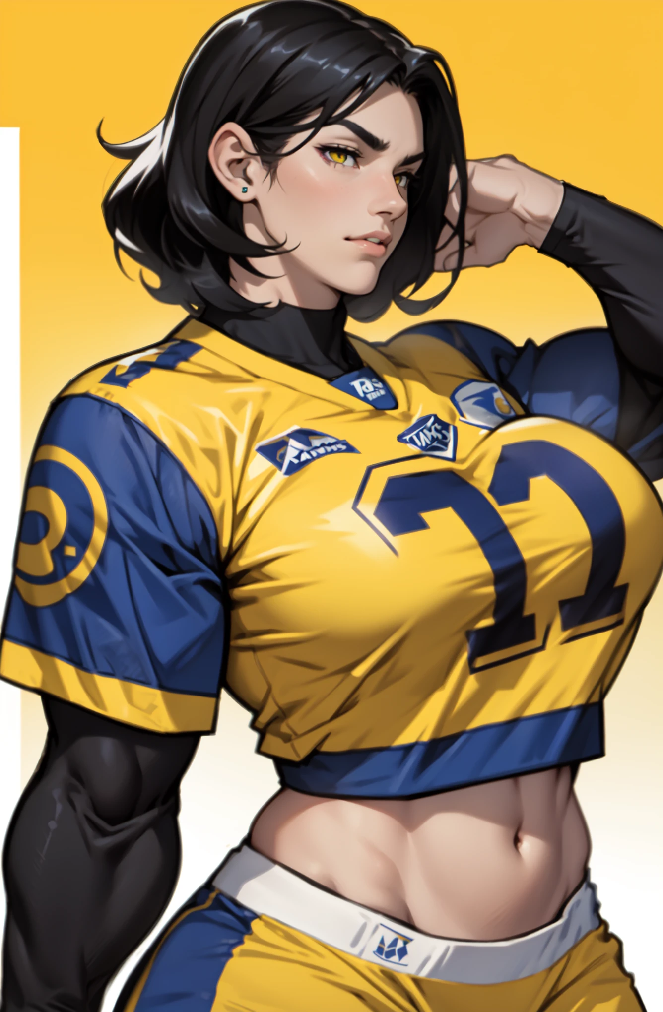 (1girl:1.3), (solo:1.2), curvy, (masterpiece:1.2), (best quality:1.2), (dynamic pose:1.4), (confident:1.2), smile blushyspicy, thick lineart, cute, pinup, vibrant colors, (large breasts:1.4), (cowboy shot:1.2), full body portrait, front view, 37 year old woman, short brown hair, ponytail styled hair, blue eyes, medium breasts, perfect model body, ((Wearing: White Gym T-shirt, Black Gym sweat pants, whistle necklace and black tennis shoes)), standing, hands on hips, looking at viewer, (Background: outdoors, middle school track field, blue sky, clouds in the sky), (acclaimed, alluring, captivating, exciting, gorgeous, striking:1.3)