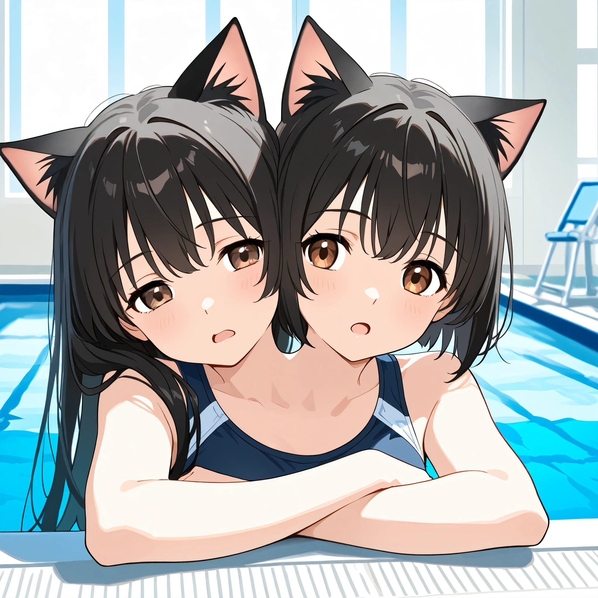 Two Young Adult woman, Long black hair, high ponytail, Fox ears, Foxtail, The left eye is blue, Red right eye, big breasts, swim suit, in shower, ssmile, Masterpiece, hiquality