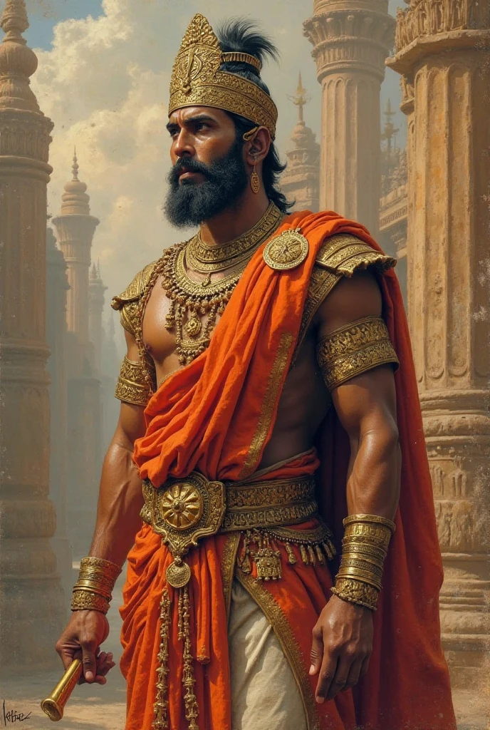 एक भव्य प्राचीन राज्य का दृश्य, जिसके बीच में एक विशाल महल है। महल के पास एक बलशाली योद्धा-राजा विक्रम खड़ा है, जो राजसी वस्त्र पहने हुए है और उसके चेहरे पर गर्व का भाव है।