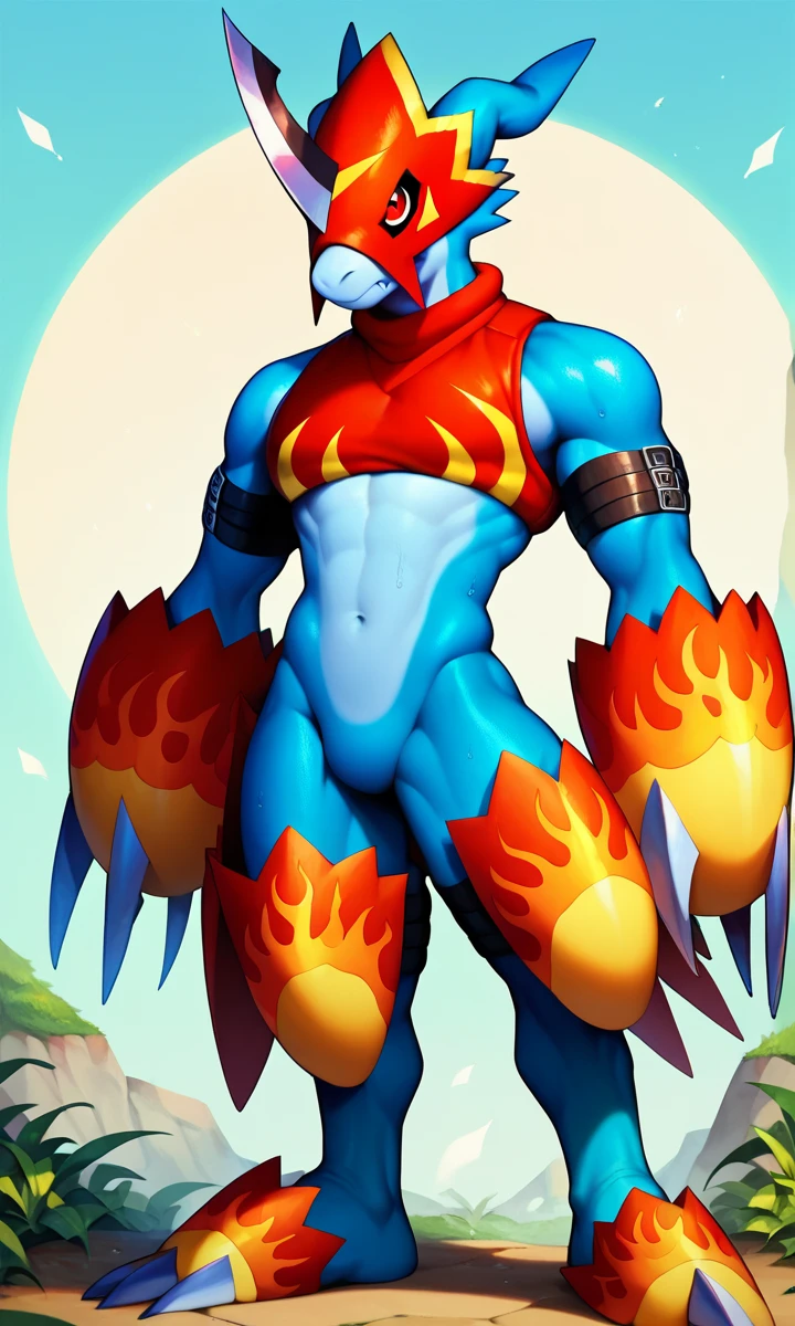 Flare Dramon, like fur, Blue Skin, Red Eyes, mask, Arm belt, crop top, gauntlet, Thigh Armor , footwear, score_6_up, score_7_up, score_8, score_9, 1 boy, clothed, full body, detailed background, outdoors HUGE 、long nipples、sweaty、sex