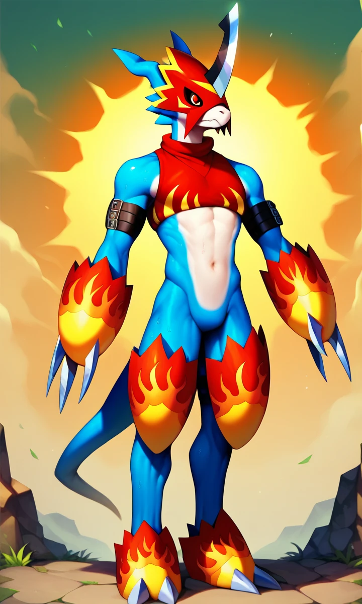 Flare Dramon, like fur, Blue Skin, Red Eyes, mask, Arm belt, crop top, gauntlet, Thigh Armor , footwear, score_6_up, score_7_up, score_8, score_9, 1 boy, clothed, full body, detailed background, outdoors HUGE 、long nipples、sweaty、sex