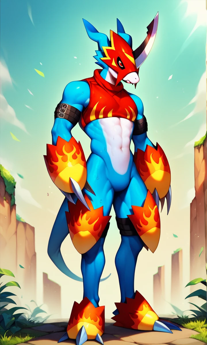 Flare Dramon, like fur, Blue Skin, Red Eyes, mask, Arm belt, crop top, gauntlet, Thigh Armor , footwear, score_6_up, score_7_up, score_8, score_9, 1 boy, clothed, full body, detailed background, outdoors HUGE 、long nipples、sweaty、sex
