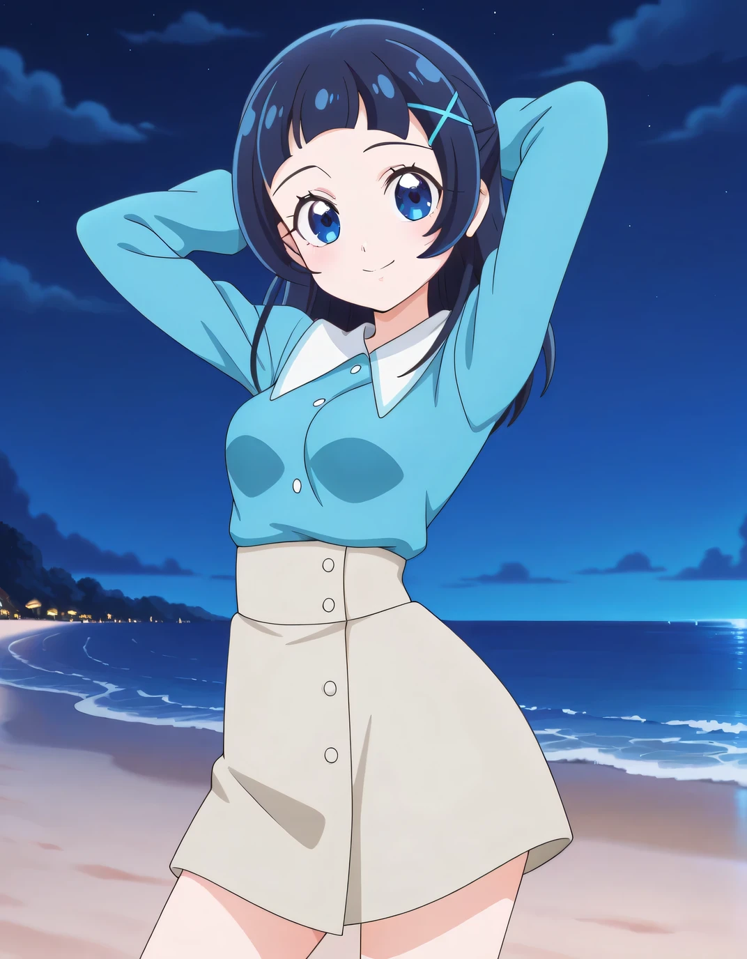 aokazenana, anime screencap, solo,1girl, looking at viewer, hair ornament ,long sleeves, shirt, skirt, x hair ornament, hairclip, blue shirt, dress, medium breasts, high quality, closed mouth, solo, cowboy shot, night sky, beach, hands behind head, ((contrapposto)), looking at viewer, smile, best quality,