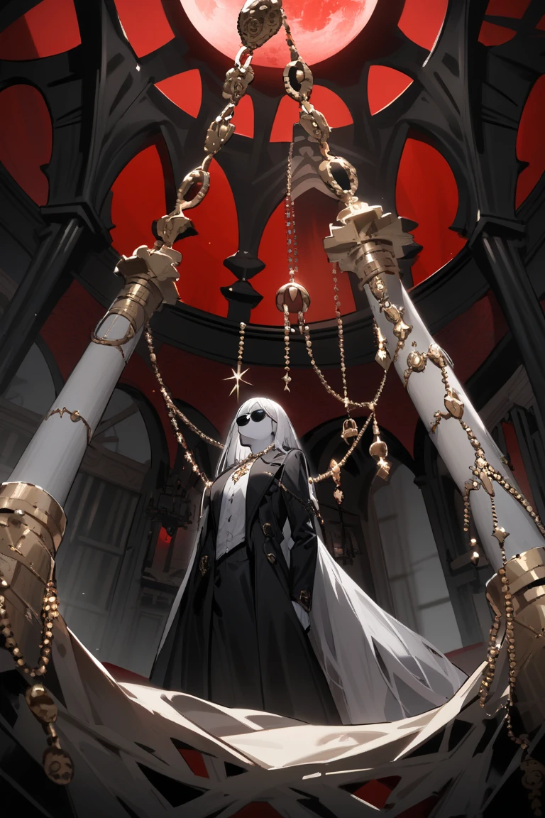 female skeleton, wearing a female butler stick, with her hand on the stick in a bowing pose, in a large room with dark and gray decorations