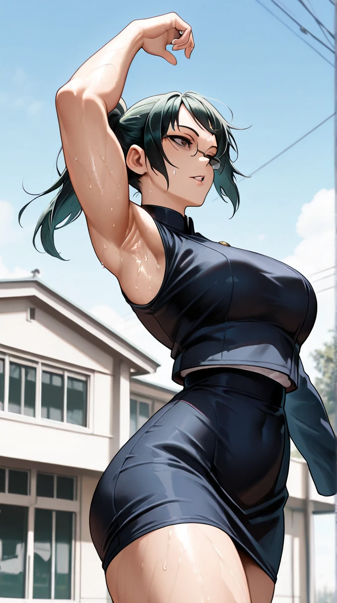 (melhor qualidade:1.3), (quality 4K), soifon, ((detailed face)),((smile)),((curvy body)),((shinigami oufit from bleach)) ,(small breast), sexy, (( cut hair)), ((sleeveless)), ((city)), arms up, armpits visible