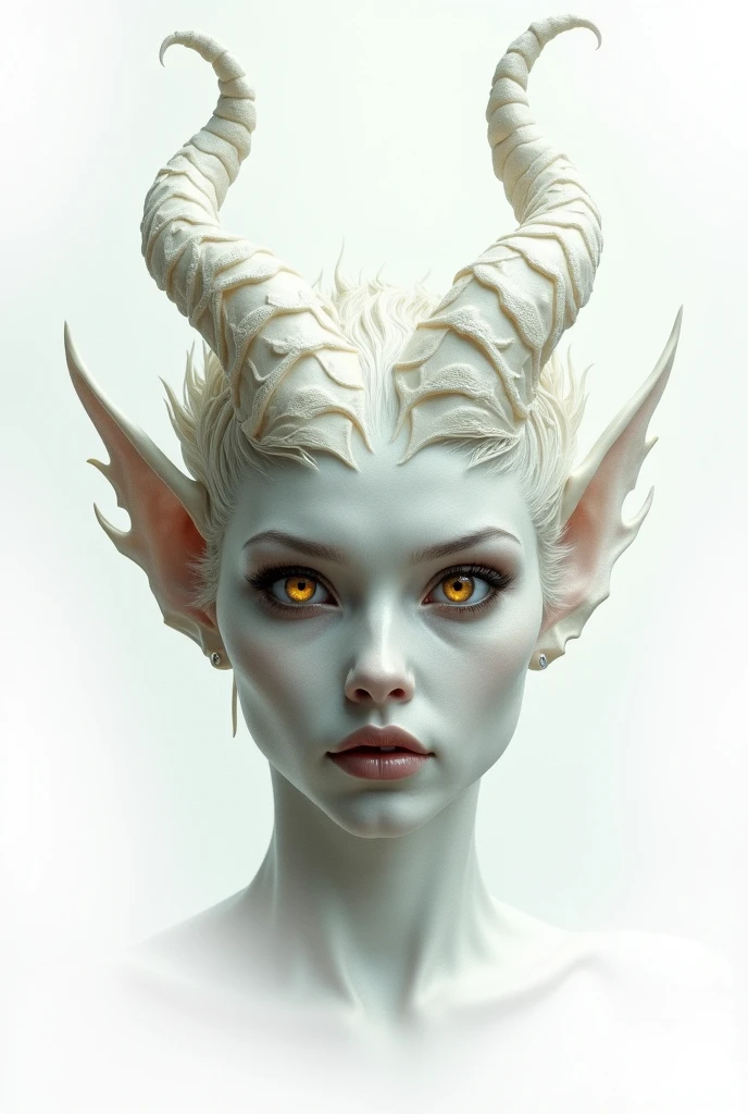 mulher pele cinza, forteCreate a highly detailed image of a tall female figure standing at 1.8 meters, with a strong and robust body that retains human anatomy. Her skin is a smooth, solid gray, giving her an otherworldly appearance. She has pointed ears and striking orange eyes that stand out against her skin tone. Her long hair is intertwined with a resin that appears to mold and form tribal-style horns emerging from her head, blending seamlessly with her hair. The overall look is powerful yet elegant, with her physique and features fully visible and highlighted against the background, ensuring she is the central focus of the image.