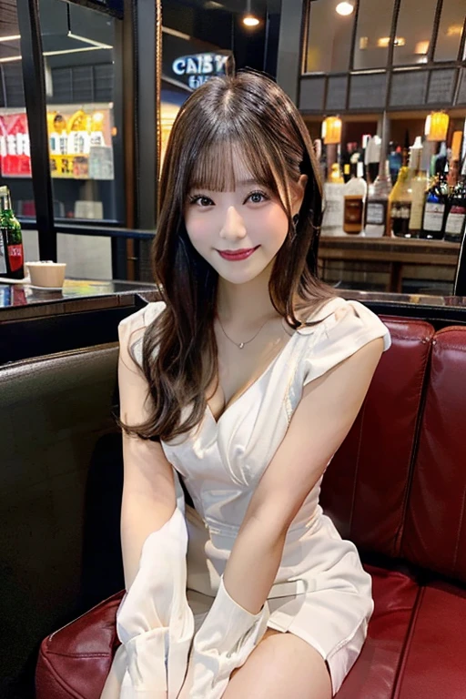 Tabletop, highest quality, shape, Very detailed, finely, High resolution, 8k wallpaper, 完璧なダイナミックな構shape, Beautiful and detailed,ランダムなcute髪,,Natural color lip, bold sexy pose,smile、20-year-old girl、cute、Looking at the camera,Always blur the background,Perfect and beautiful face,Slim face and figure,Big eyes、Putting on gal makeup,small face,Shooting from below、smile,Blurred background of Tokyo station interior,Sheer white blouse、flare skirt、Please be serious about being cute