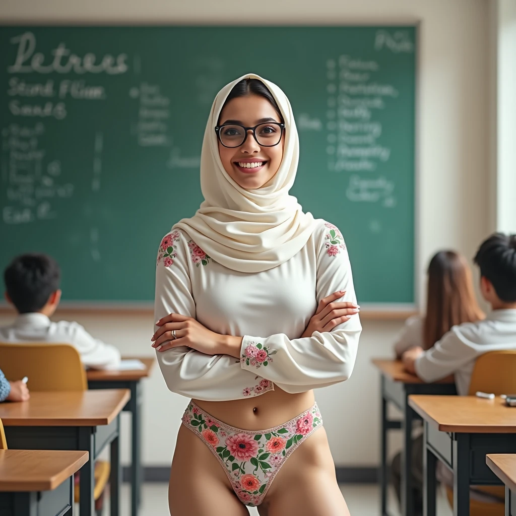 PNS, guru, super realistic 3/4 shot, passionate pose, professional photography portrait of a 30 year old female teacher in a classroom, very realistic skin, cinematic lighting, very original hijab fabric details, glasses, show naked, scout clothing, transparent button-up shirt, (big real), long slave, transparent long skirt, (big hips: 1.3), tight cotton dress, smiling, looking at the camera