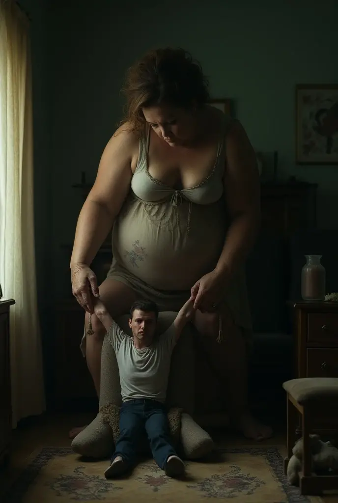 The man in his 45s with black very short hair and smooth face with moustache. The woman in her 45s with brown wavy long hair and pregnant. They are naked. They are face to face. The man sitting on the chair. The woman sat on the man's lap with her legs spread to the sides. Night. Side view. Dim and dark environment. UHD. HDR. Cinematic.