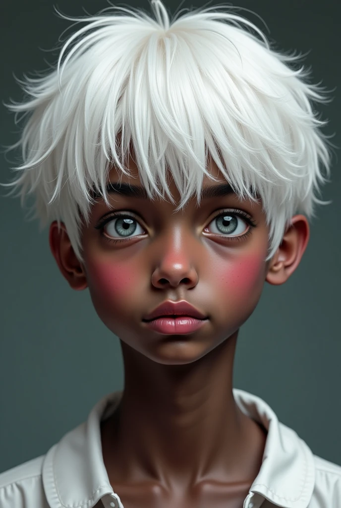 Dark skin boy with white hair blue eyes