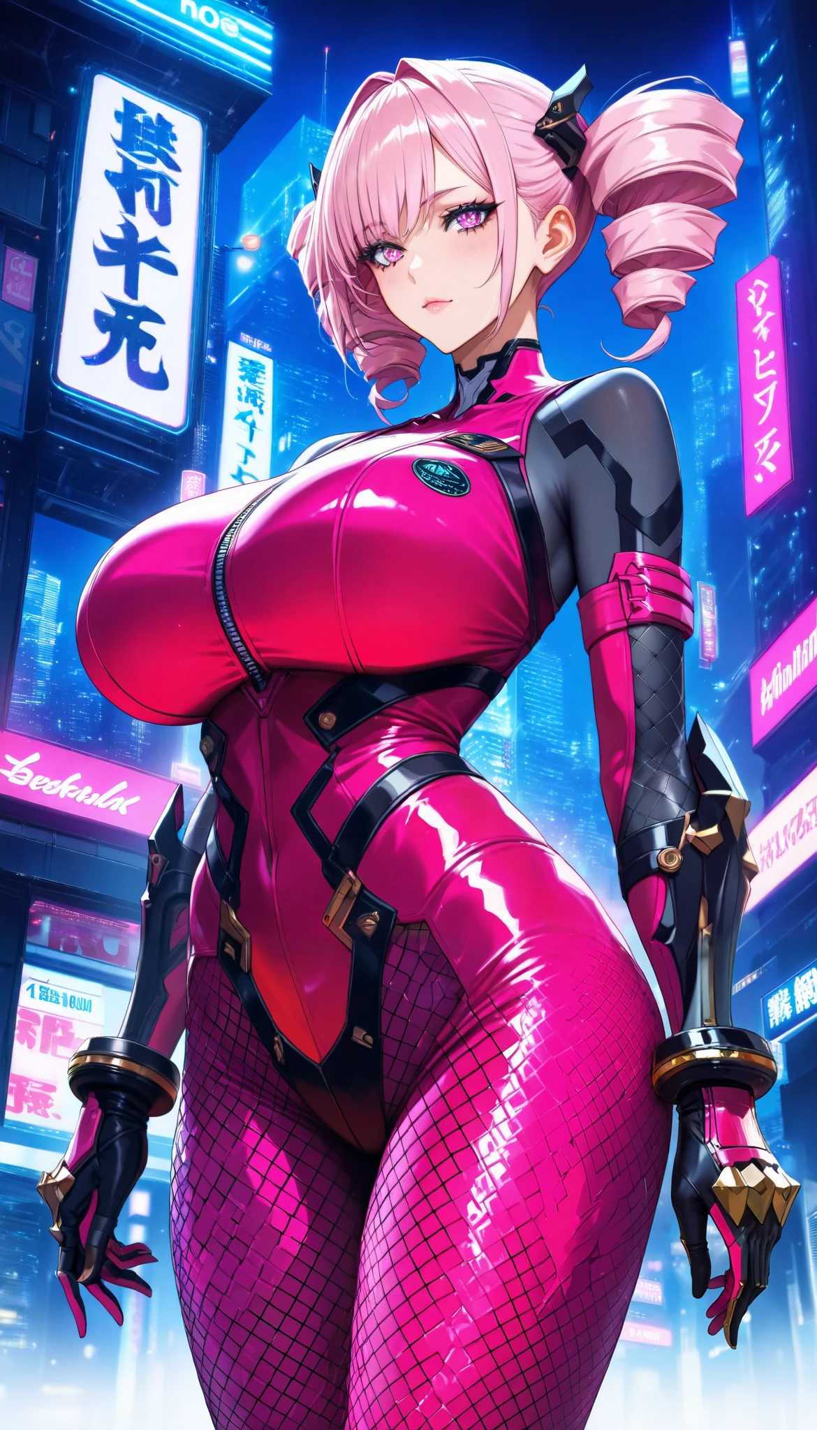 Short pink haired android girl with huge breasts blindfolded with light skin in a dimly lit cyberpunk city at night