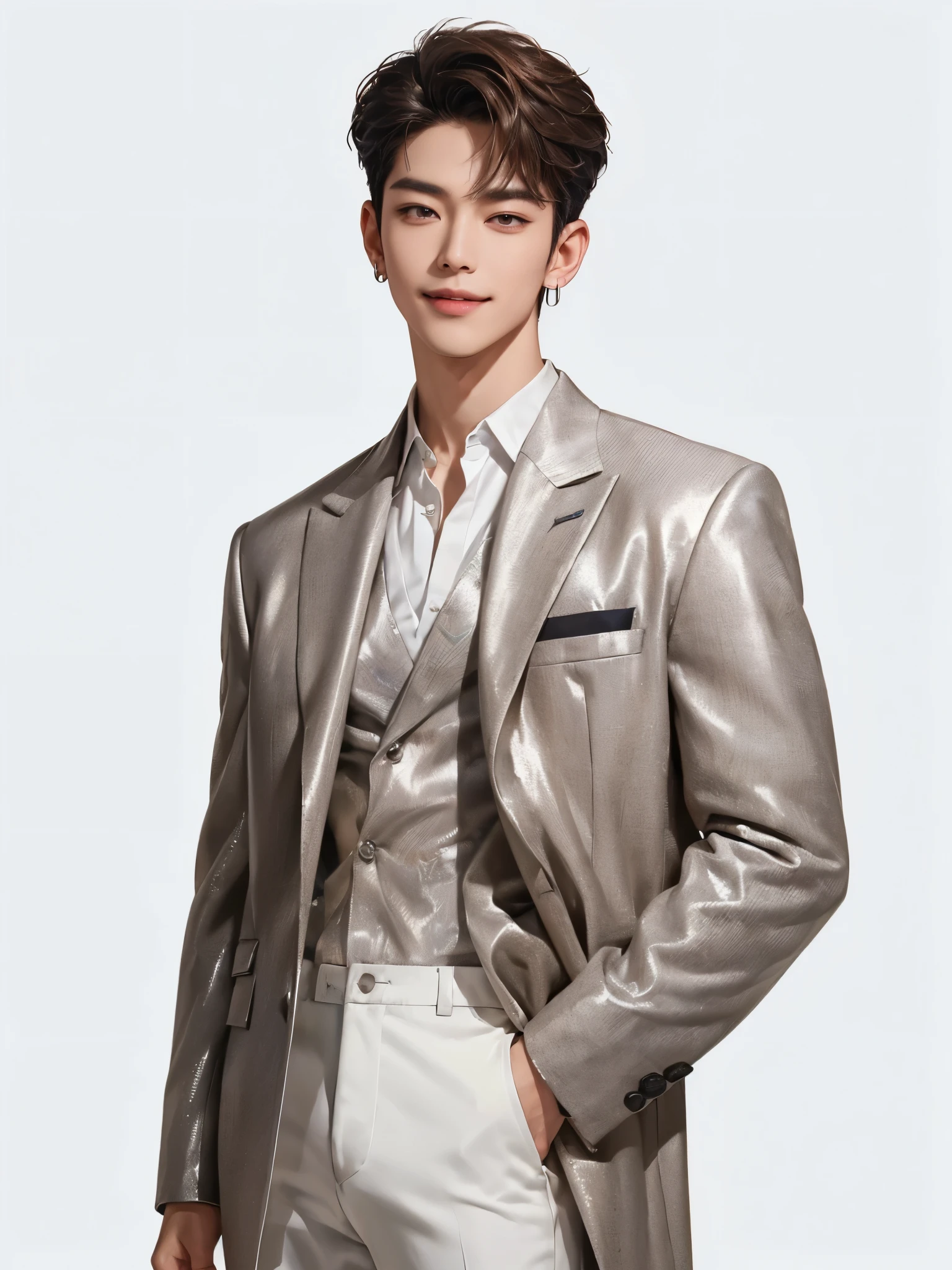 (((4K)) ((very high quality)) ((white background)) ((pants)) Korean, Участник группы K-pop, the man looks older and more serious, His appearance emphasizes his leadership status......  She has a short ,  neatly styled brown hair , with small strands of a slightly lighter shade.
Minjun has strong facial features: expressive brown eyes, well-defined cheekbones and square chin.  He wears a fitted metallic suit - silver with a glossy finish, create a futuristic. You can add plastic or vinyl inserts, create a layered effect.
x} Graphic diving top - wear an abstract or holographic print top under your suit, effect that will be visible under an unbuttoned jacket., stud earrings. (( black background)) ((relaxed pose)) ((hands in the pockets.)) (()) (( masculine appearance )) (( Eye details)) (( without background )) ((white background)) ((standing straight)) ((Face straight))  ((easy smile)) 







