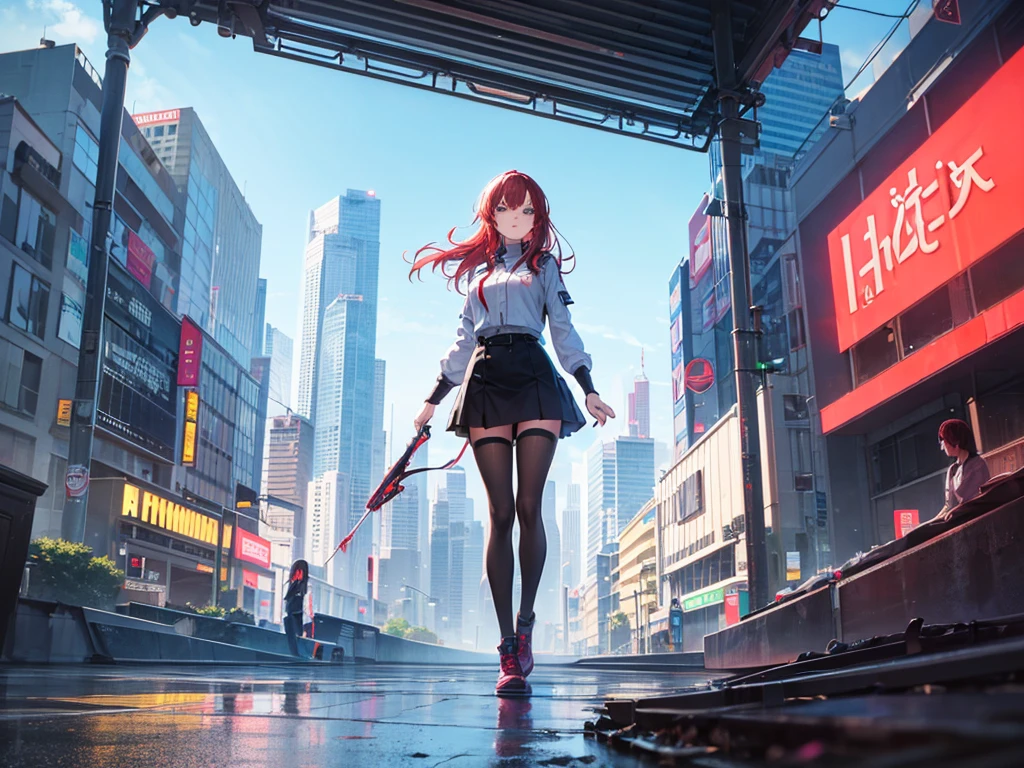 【Masterpiece, Best Quality】1 girl, from below, solo, hood, black hair, sky, clouds, red eyes, leotard, viewer, building, cloudy sky, electric wire, cityscape, landscape, city, night, school bag, fingerless gloves, weapon holder, cloak, boots, pantyhose, thighs, neck ribbon, earrings, military uniform