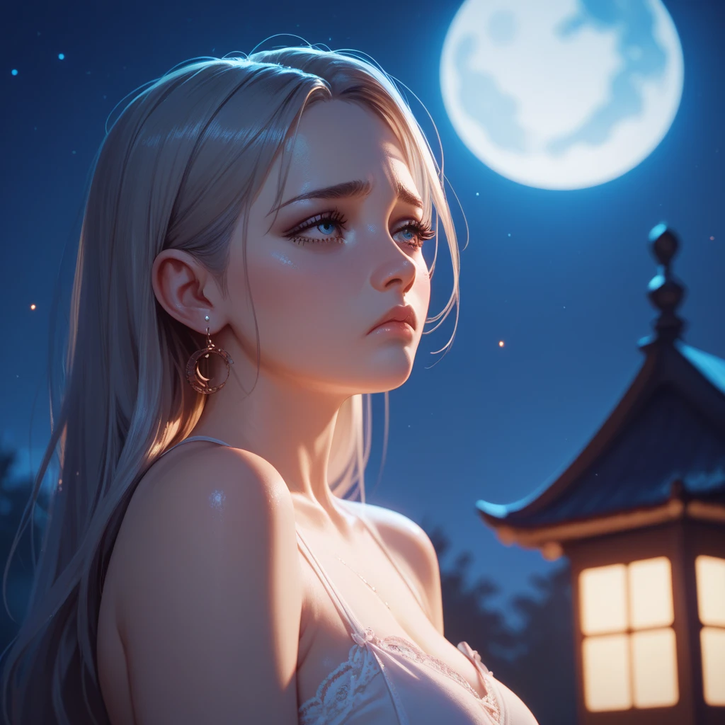 Cinematographer,(Ultra resolution 8K),The most beautiful girl, The most beautiful, Cabello largo, (cabello blanco),mirada serena, Looking through the window,la luna llena,el firmamento, vestido de seda, large buttocks